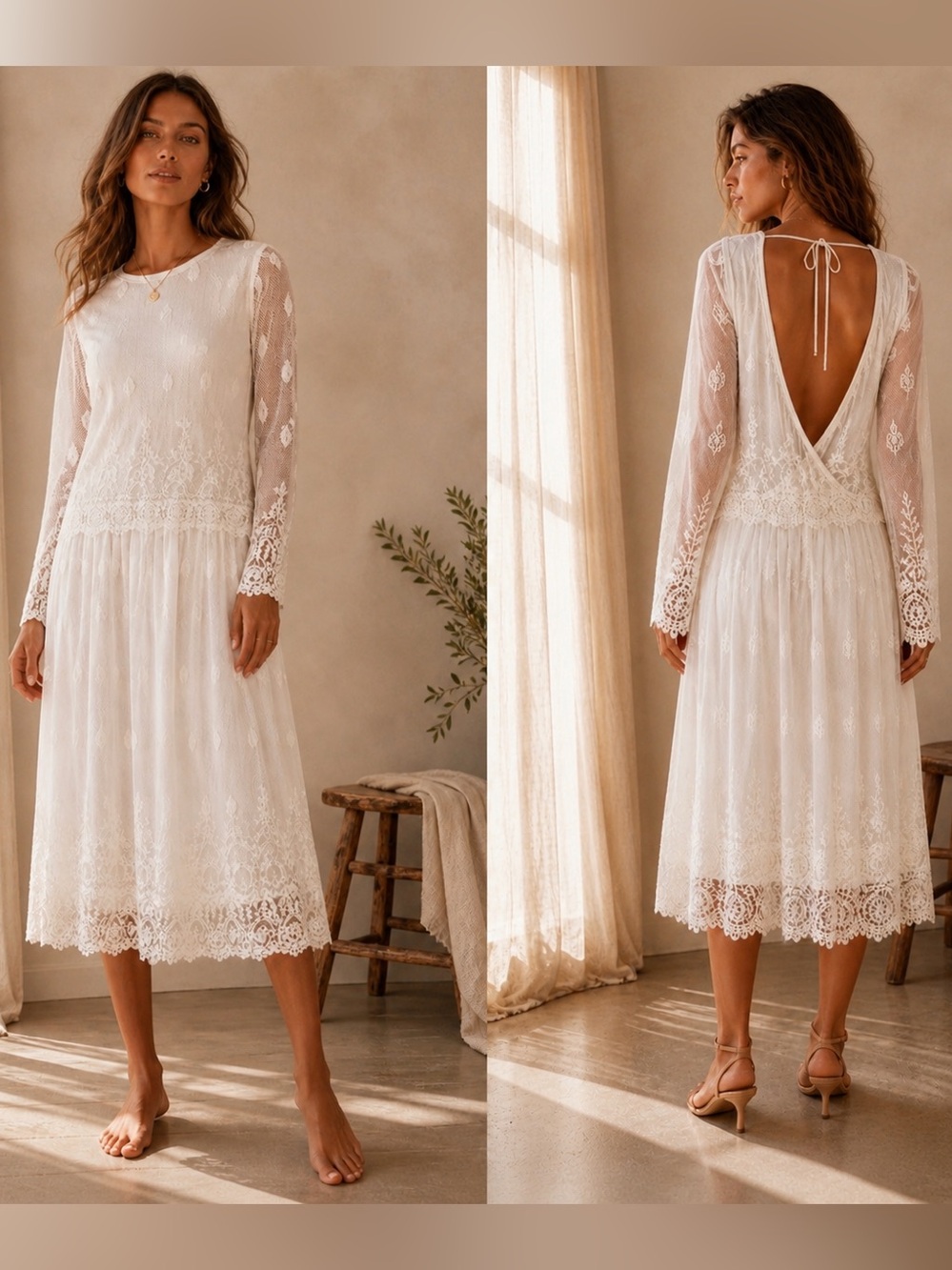 IFT White Lace Midi Dress Medium Oversized Style Sheer Sleeve Open Back